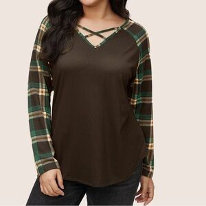 BloomChic NWT Brown Plaid Patchwork Raglan Sleeve Crisscross T-shirt Size XL